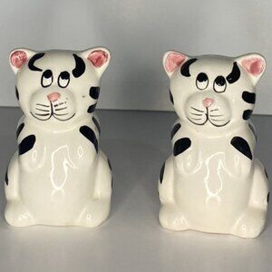 Ceramic white & Black Stripped Cat Salt and Pepper Shakers
